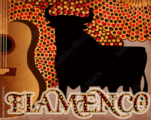 Flamenco party banner with guitar and spanish bull, vector illustration