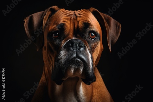 A loyal and affectionate Boxer cuddled up with its owner, showing off its loyal and affectionate nature. Generative AI © create
