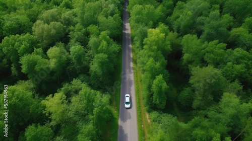 Aerial view green forest with car on the asphalt road. Generative AI
