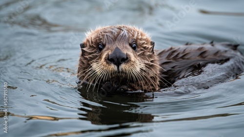 A playful baby sea otter floating. Generative AI © AdriFerrer