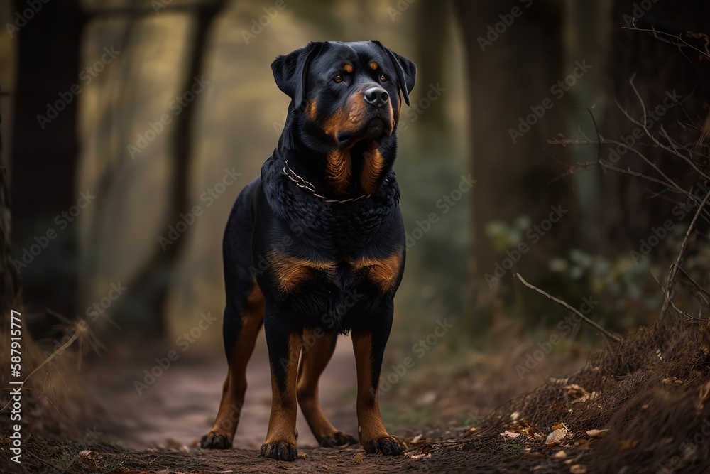 A loyal and protective Rottweiler standing guard - This Rottweiler is standing guard, showing off its loyal and protective nature. Generative AI