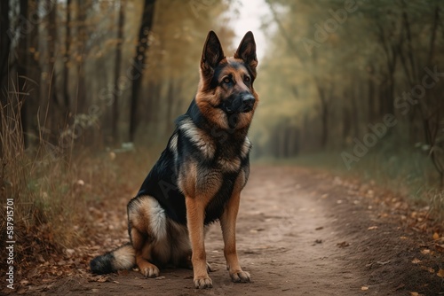 A loyal and protective German Shepherd standing guard, showing off its loyal and protective nature. Generative AI