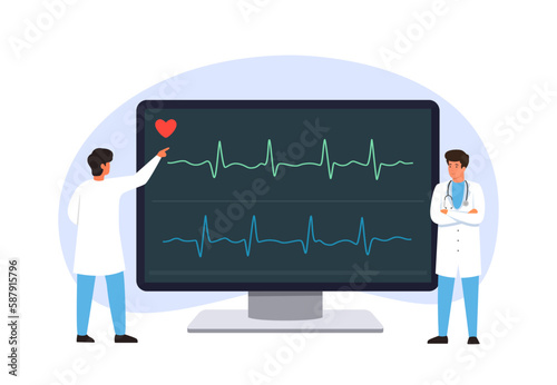 Doctor Examine Electrocardiogram on EKG Monitor Display. Checking for Signs of Heart Disease. Vector Illustration Isolated on White Background.