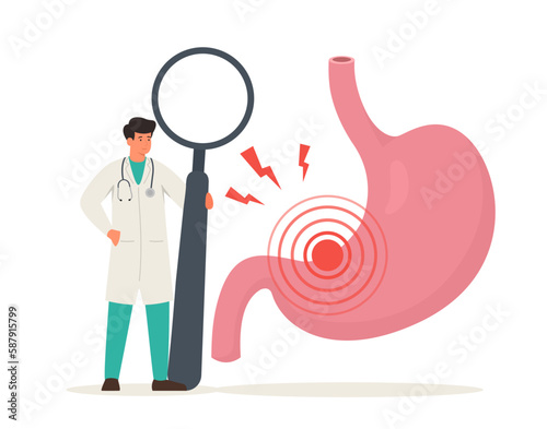 Stomach pain. Gastritis, indigestion, heartburn. Doctor holds magnifying glass and examing stomach. Vector illustration isolated on white background.