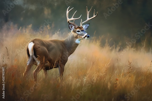 A majestic and elegant White - tailed Deer grazing in a meadow, showing off its majestic and elegant nature. Generative AI