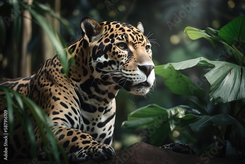 A majestic and elusive Jaguar hiding in the jungle - This Jaguar is hiding in the jungle, showing off its elusive and majestic nature. Generative AI