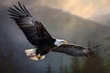 A majestic and powerful Bald Eagle soaring through the sky - This Bald Eagle is soaring through the sky, showing off its majestic and powerful nature. Generative AI