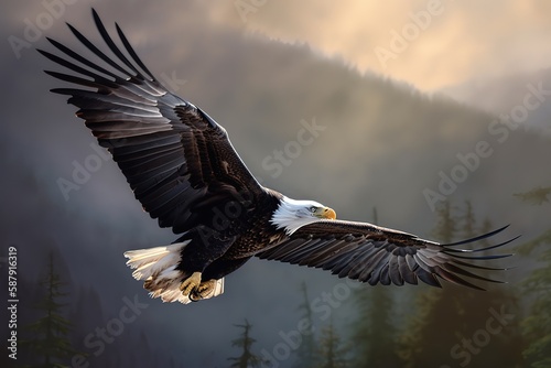 A majestic and powerful Bald Eagle soaring through the sky - This Bald Eagle is soaring through the sky, showing off its majestic and powerful nature. Generative AI © create