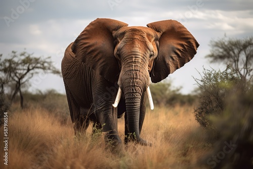 A majestic and powerful African Elephant grazing on the savannah, showing off its majestic and powerful nature. Generative AI © create
