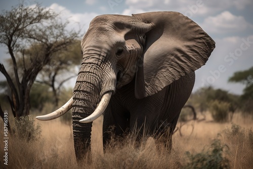 A majestic and powerful African Elephant grazing on the savannah, showing off its majestic and powerful nature. Generative AI