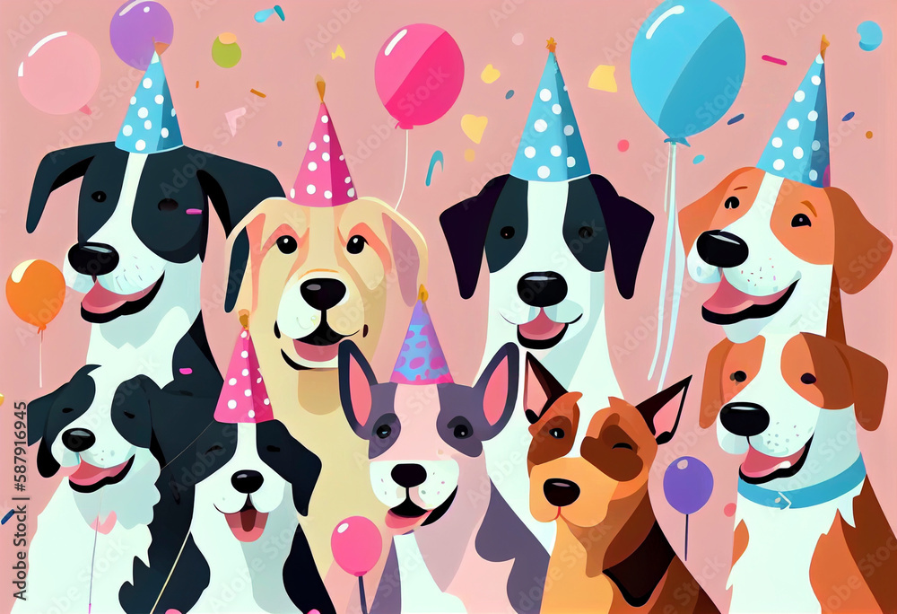 Collage of dogs wearing party hat, Generative Ai Collage of dogs wearing party hat, Generative Ai