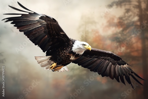 A majestic and powerful Bald Eagle soaring through the sky, showing off its majestic and powerful nature. Generative AI © create