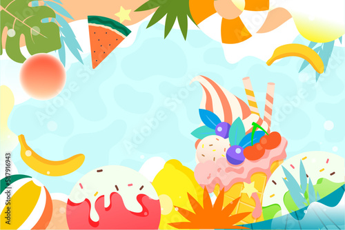 Eating sorbet ice cream in summer with beach and plants in the background, vector illustration