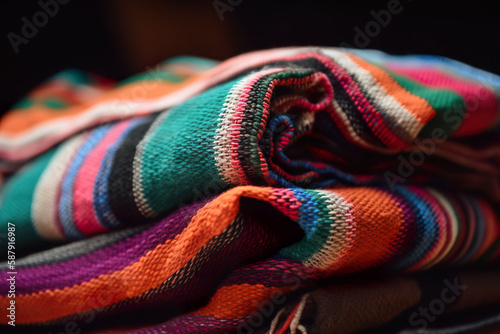 Close-up of a colorful patterned Mexican blanket. Cinco de Mayo, Mexican culture and heritage concept. Created with Generative AI.	