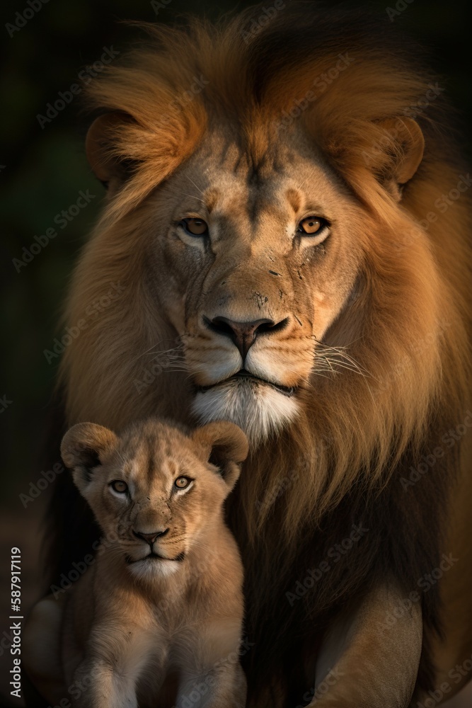 Portrait composition of a male lion with cubs at a barren savanna in Africa. AI-generated images