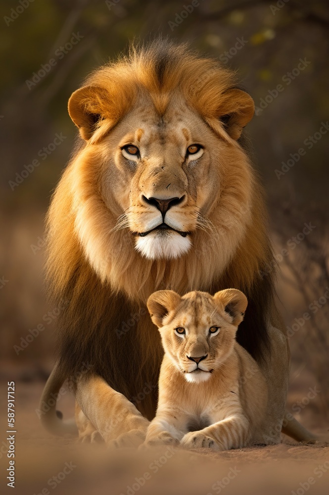 Portrait composition of a male lion with cubs at a barren savanna in Africa. AI-generated images