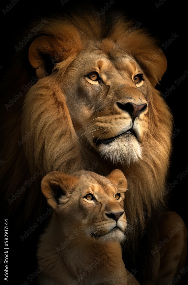 Portrait composition of a male lion with cubs at a barren savanna in Africa. AI-generated images Portrait composition of a male lion with cubs at a barren savanna in Africa. AI-generated images