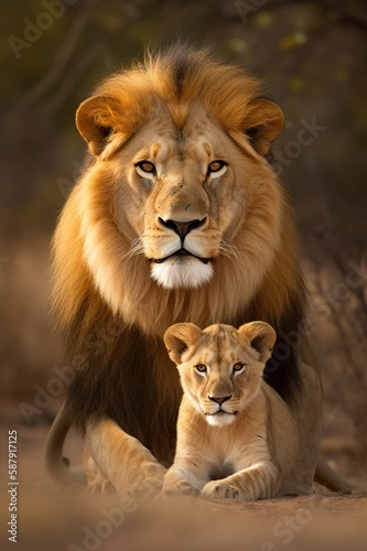 Portrait composition of a male lion with cubs at a barren savanna in Africa. AI-generated images