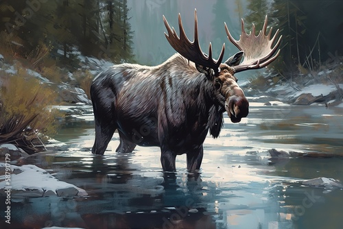 A majestic and powerful Moose wading through a river, showing off its majestic and powerful nature. Generative AI