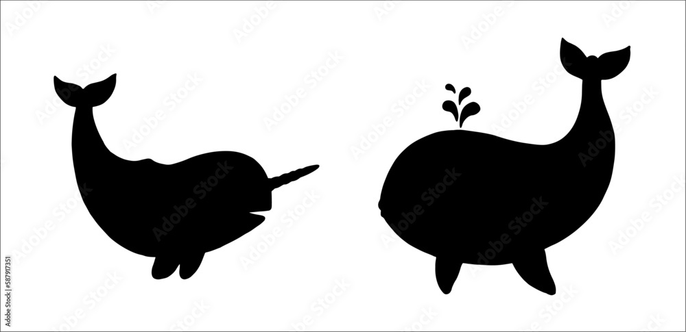Black silhouette of narwhal and whale. Vector template with funny and happy animals. Coloring page for kids. - obrazy, fototapety, plakaty 