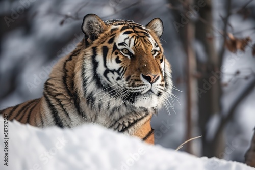 A majestic and powerful Siberian Tiger resting in the snow, showing off its majestic and powerful nature. Generative AI