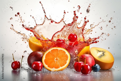 mixed fruit on white background water splash