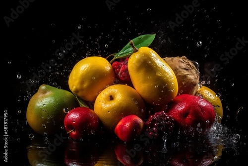 mixed fruit on black background water splash