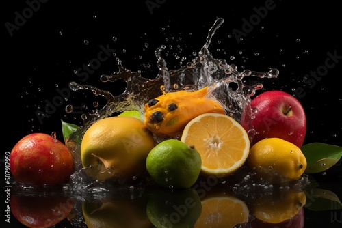 mixed fruit on black background water splash