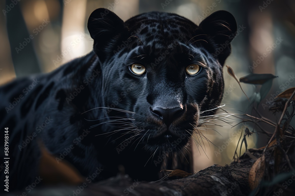 A mysterious and elusive Black Jaguar hiding in the shadows, showing off its mysterious and elusive nature. Generative AI
