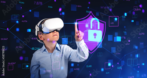 Obraz na plátně Child in vr glasses, finger touching glowing padlock, kids safe