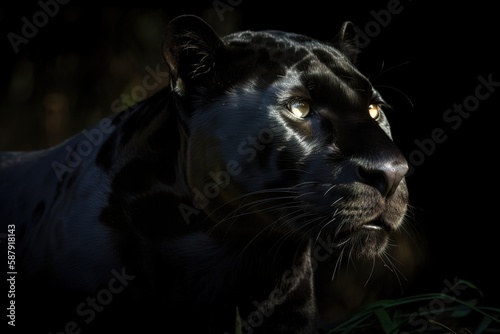 A mysterious and elusive Black Jaguar hiding in the shadows, showing off its mysterious and elusive nature. Generative AI