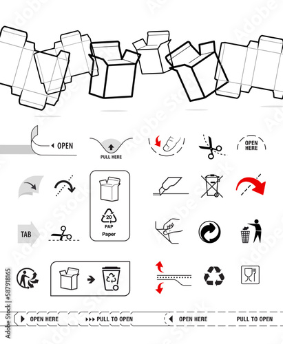 Box container icons set. Vector illustration isolated on white background. Set for packages, shows the place of opening. EPS10.