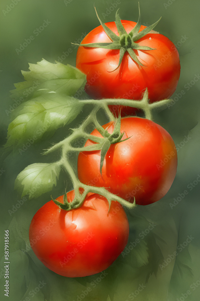 An oil painting of a tomato on a stem. Generative AI