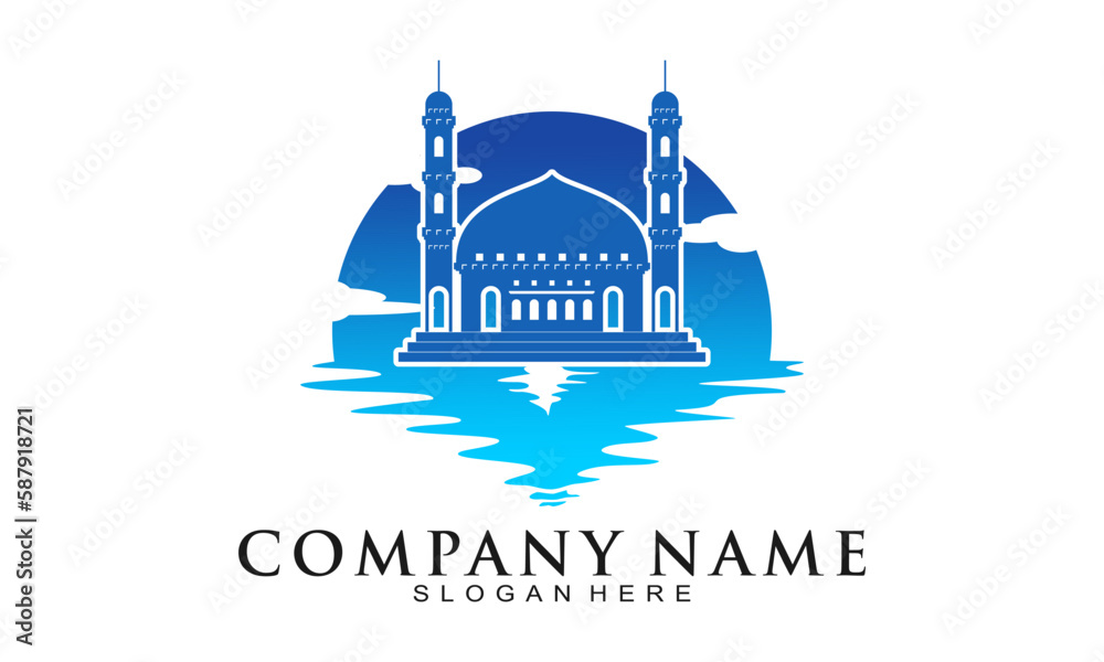 Mosque with blue sea illustration vector logo