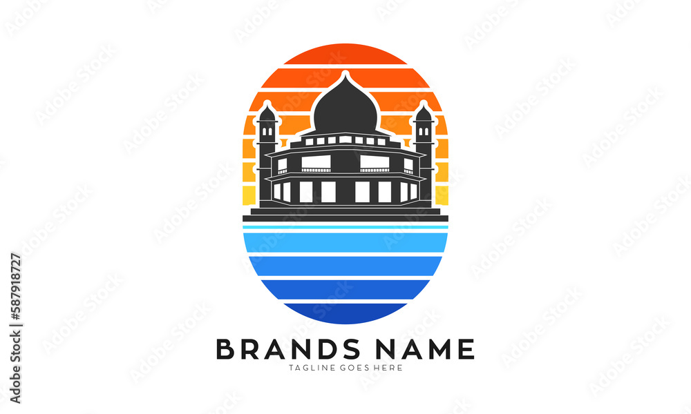 Mosque with sunset and sea symbol vector logo