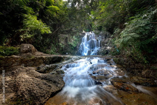 Stream flowing through rock crevices in the rainforest