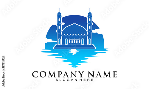 Mosque with blue sea illustration vector logo
