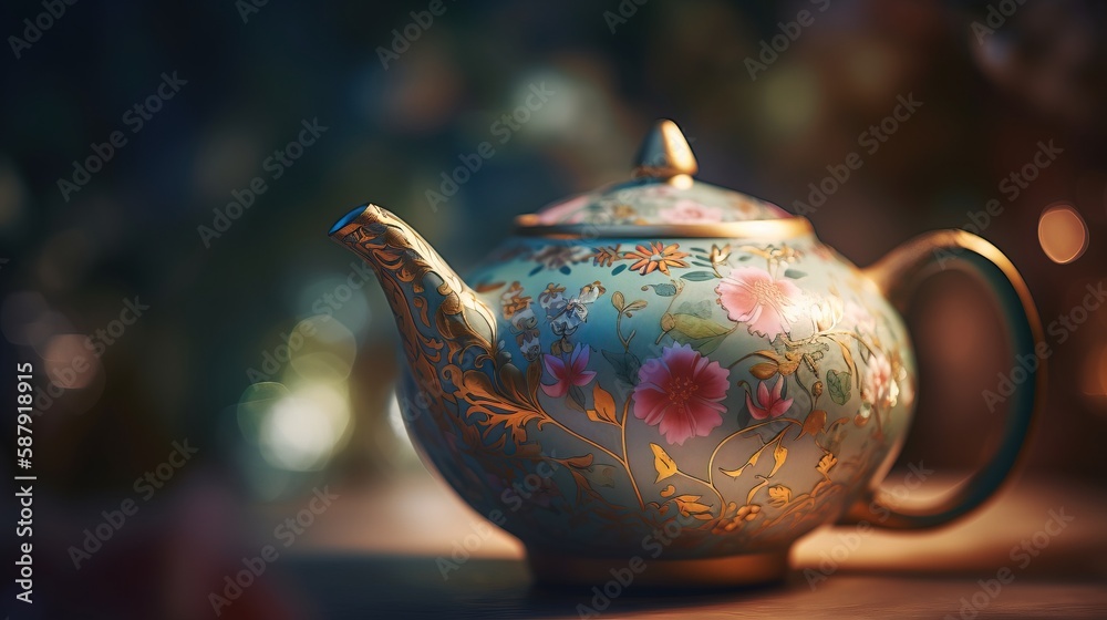 a teapot with a flowered design on the outside and a lit candle on the