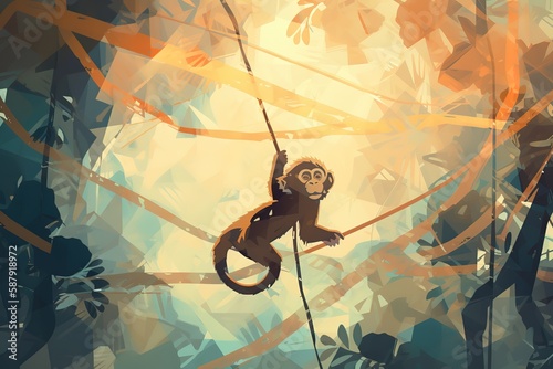 A playful and curious baby monkey swinging through the trees. Generative AI