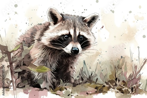 A playful and curious Raccoon exploring its surroundings, showing off its playful and curious nature. Generative AI