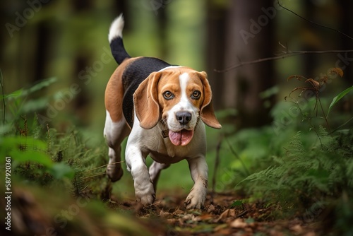 A playful and energetic Beagle chasing a scent - This Beagle is chasing a scent, showing off its playful and energetic nature. Generative AI