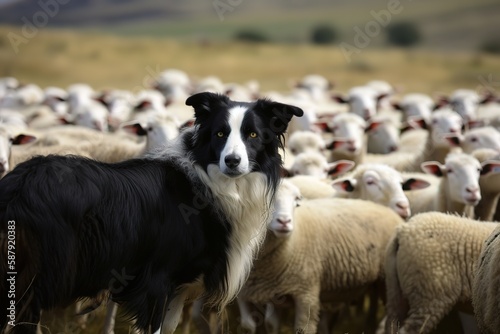 A playful and energetic Border Collie herding sheep - This Border Collie is herding sheep  showing off its playful and energetic nature. Generative AI