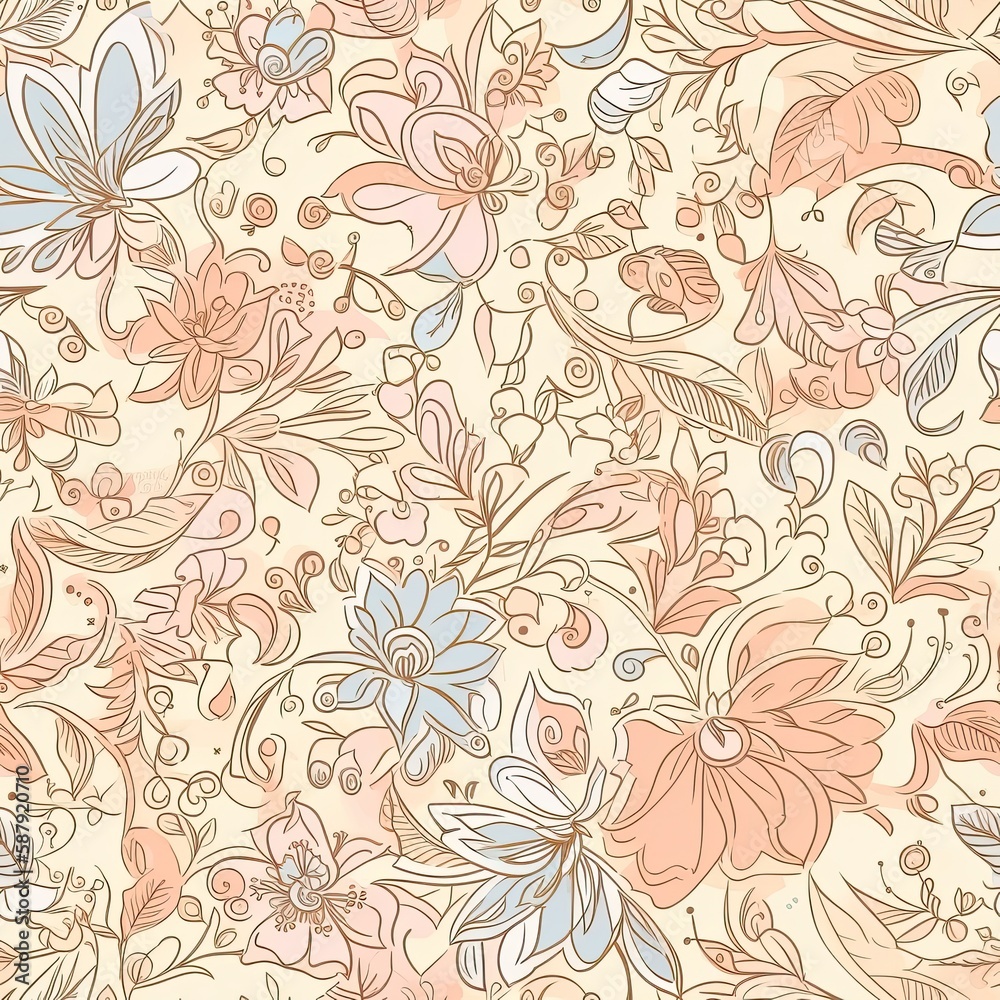 Digitales Papier. Blumen nahtloses Muster. Blumen Hintergrund. Frühling digitales Papier. Florales digitales Papier. Delicate floral seamless pattern. AI generated.