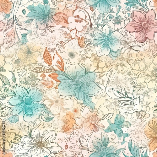 Digitales Papier. Blumen nahtloses Muster. Blumen Hintergrund. Frühling digitales Papier. Florales digitales Papier. Delicate floral seamless pattern. AI generated. 