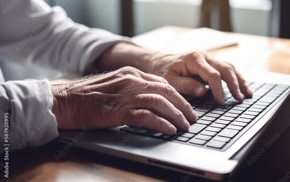 Senior hands typing on laptop in coffee house setting. Generative AI Senior hands typing on laptop in coffee house setting. Generative AI