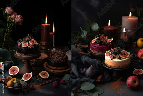 Vegan dessert on a rustic table and candles lighting. Healthy diet nutrition concept
