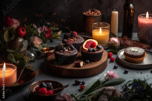 Vegan dessert on a rustic table and candles lighting. Healthy diet nutrition concept © IonelV