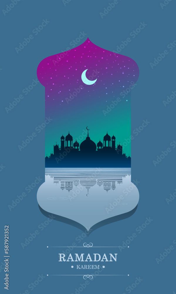 Naklejka premium Flat Ramadan Kareem background template with Big Mosque, Lake, aurora, stars, crescent moon, and night theme for instagram stories and greetings card.