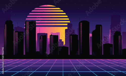 Retro 1980s city Background Vector silhouette with big moon