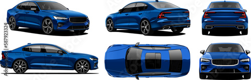 Realistic Vector Car Sedan Isolated blue color and 3d perspective with transparency gradients with front, back, side, top view